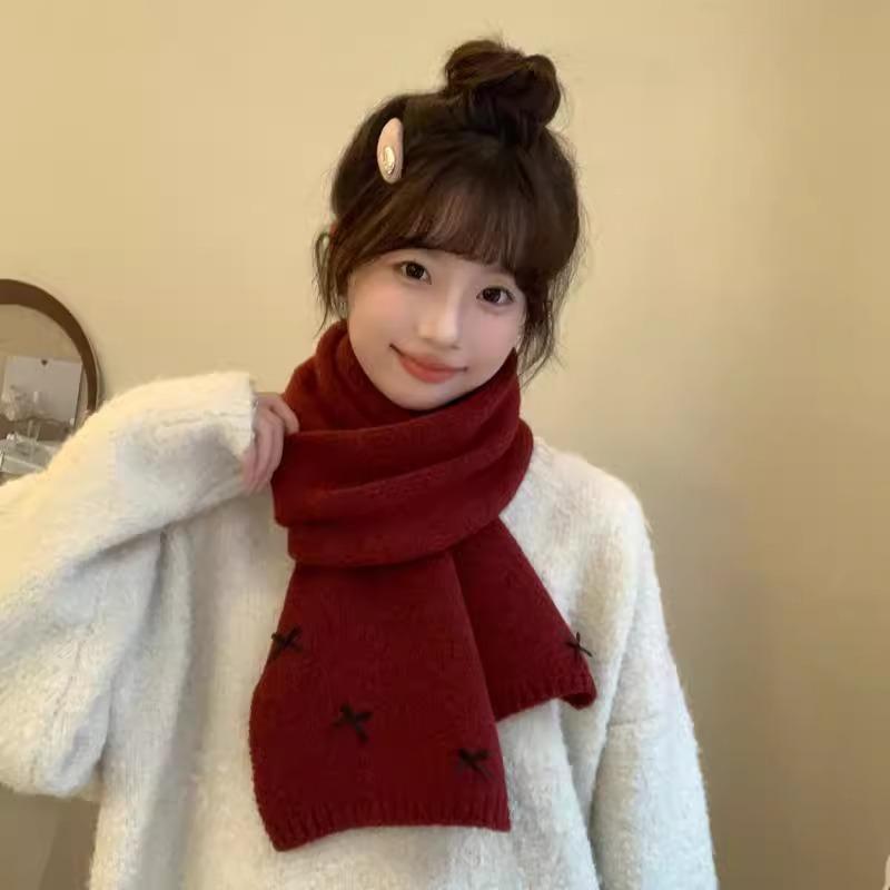 New Korean Version Bow Small Fragrant Style Cute Scarf Women's Autumn and Winter Versatile Student Warm Knitted Scarf