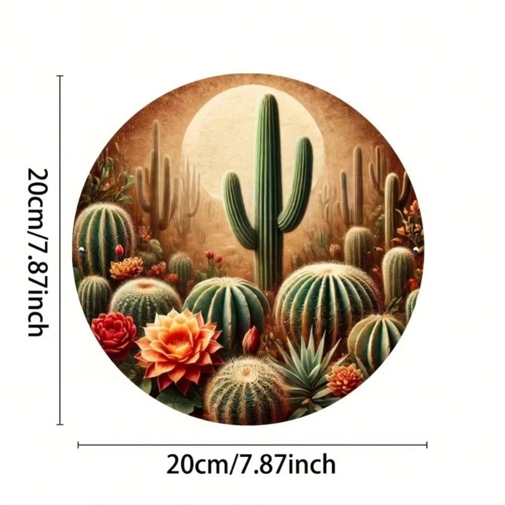 D Flat High Definition Metal Wall Art Vintage Desert Cactus Garden with Blooming Cacti Succulents and Full Moon Mexican Western 20x20cm(8x8inch)