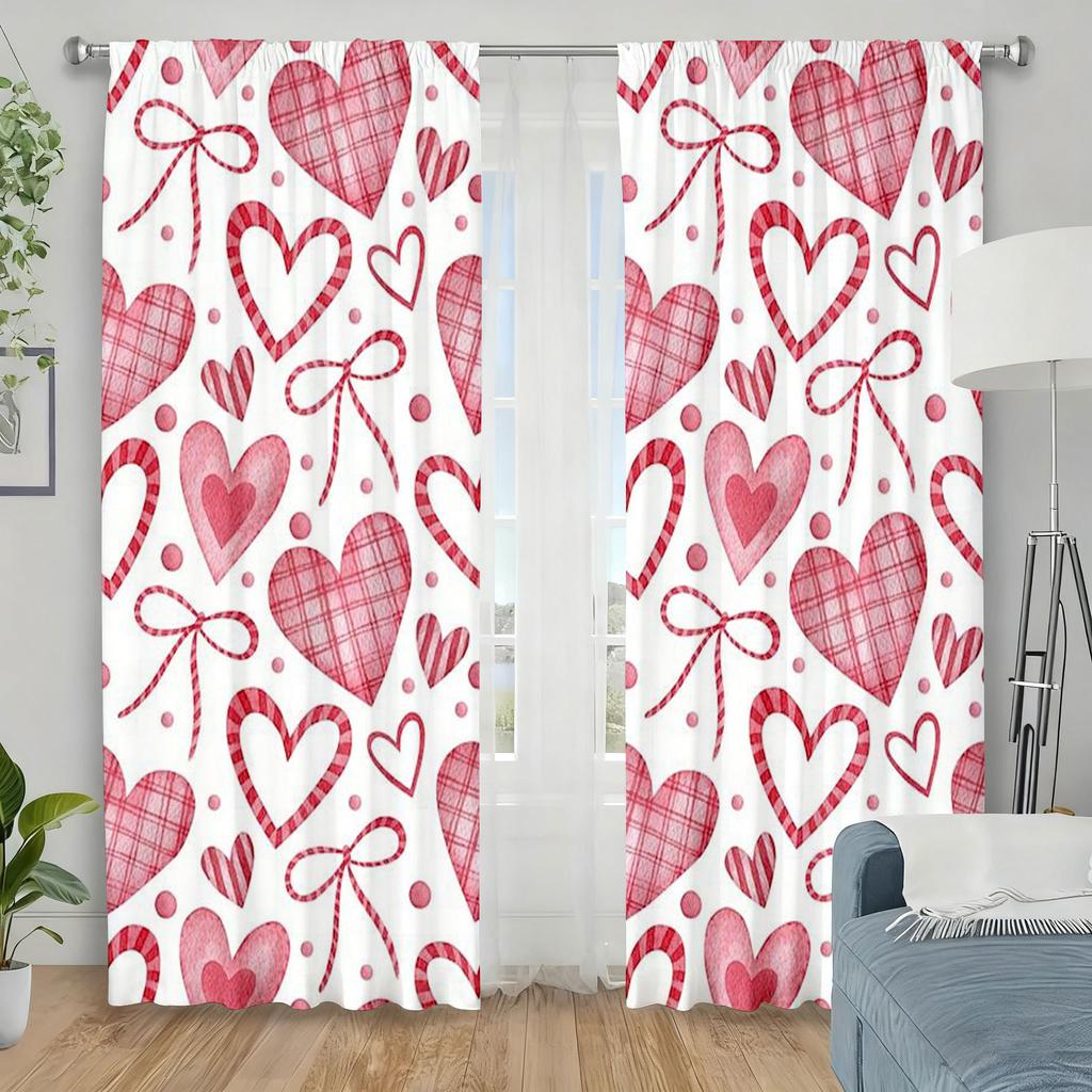 2pcs Red and white checkered heart-shaped bow curtain   sweet   bedroom and living room   with a drawbar pocket decoration