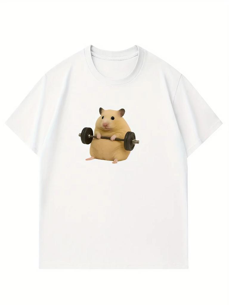 Womens Light Green Hamster Lifting Weights Graphic Harajuku Short Sleeve Casual Tshirt Clothing Street Aesthetic Clothes