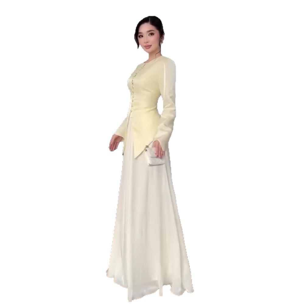 26 Europe, America, Amazon Cross-border Women's Clothing, New Round Neck Button-down Waist Top, High Waist Long Skirt Temperament Set