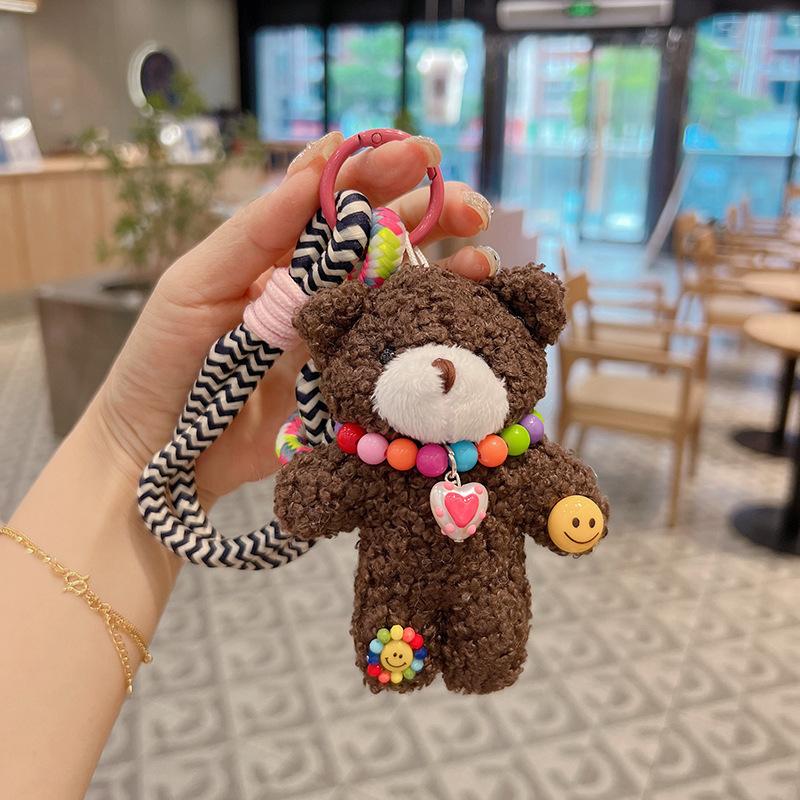 Cute Plush Bear Colorful Beaded Braided Wristlet Lanyard Cartoon Animal Bag Charm Car Jewelry Gift Bag Charm