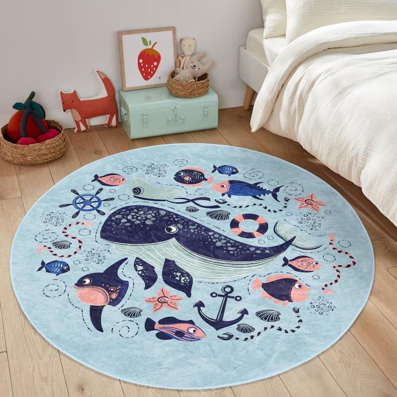 Sea World Nursery Rug Whale Playmat for Kids Room Marine Toddler Round Carpet Hook Non Slip Activity Rug Creatures Playroom Rug