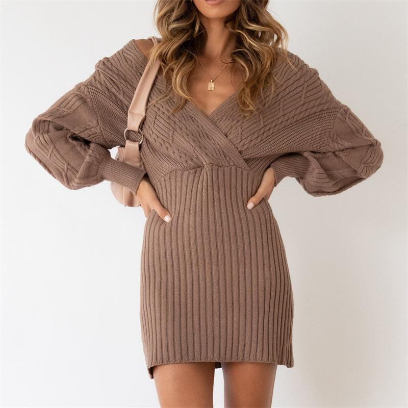 

Solid color knitted dress autumn new casual twist medium and long women s sweater skirt hip skirt One Size