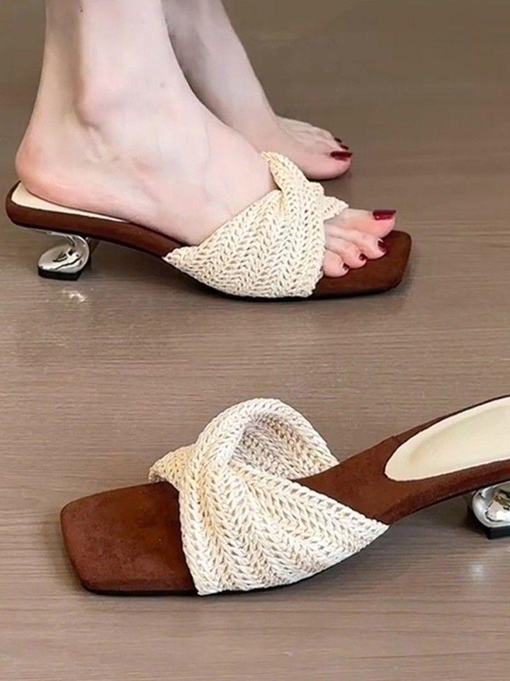 Mode nisch vävd mjuk botten romersk stil en-rem högklackade svala tofflor koreansk version mode