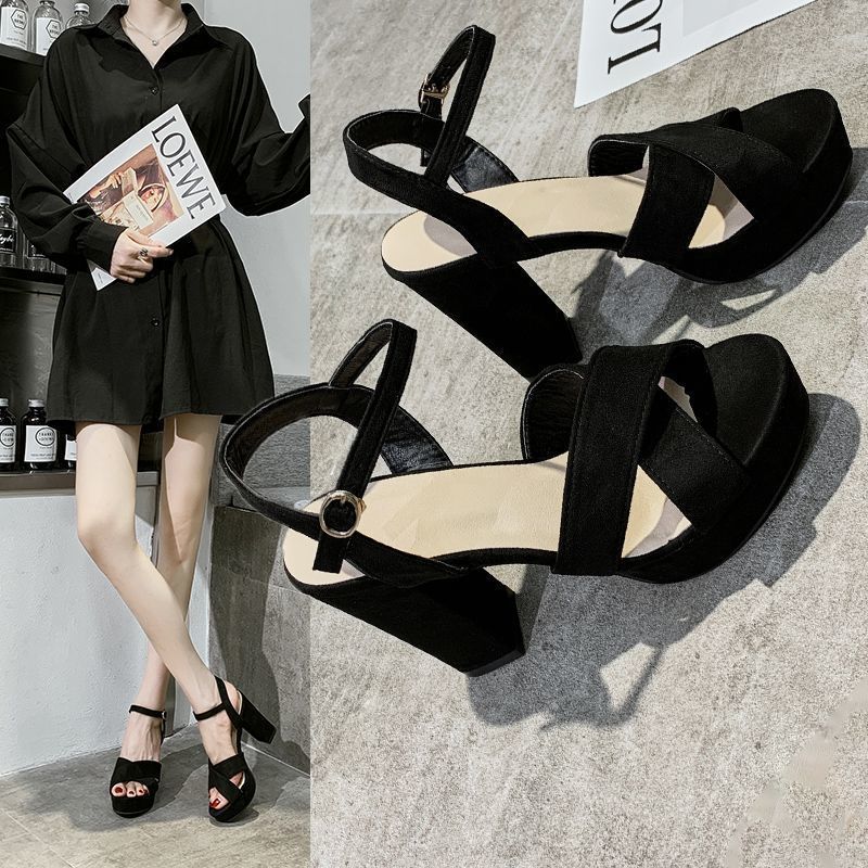 Fashion versatile thick heel open-toed sexy sandals women's 2025 summer new one-word buckle waterproof table high-heeled women's shoes