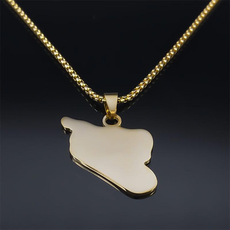Colar Mapa Bandeira Síria: Colar Pingente de Óleo Gotejante Vintage de Aço Inoxidável Corrente de Suéter