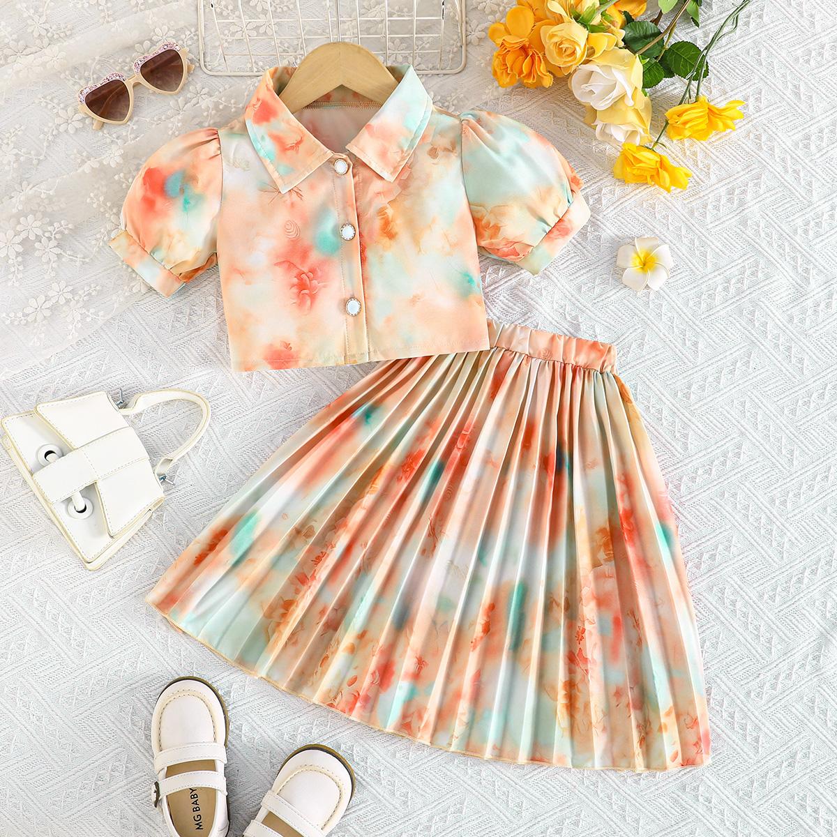 Kids 2-Piece Tie-Dye Outfit, Puff Sleeve Button Crop Top with Pleated Skirt 2-3Y темный лосося