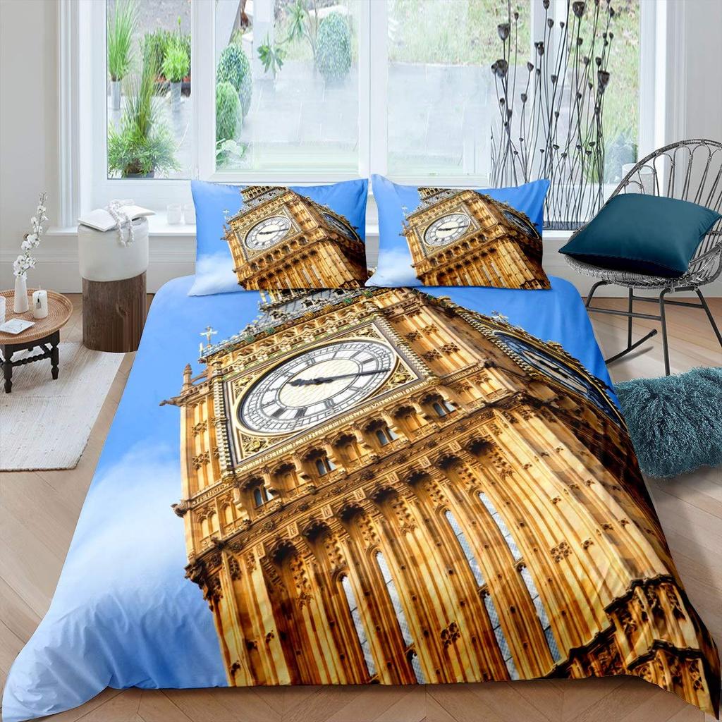 London Duvet Cover Set Queen Size Telephone Booth Big Ben Bus Print Bedding Set 3pcs,Modern City Quilt Cover with 2 Pillowcases
