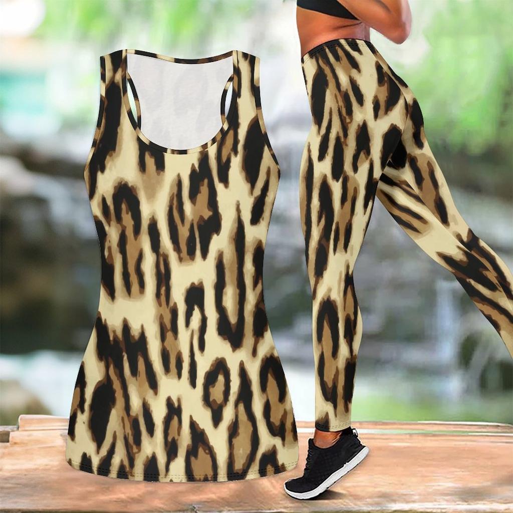 Leopard Print Yoga Outfit for Women Fashion Workout Leggings Fitness Sports Casual Yoga Set Sports Suit