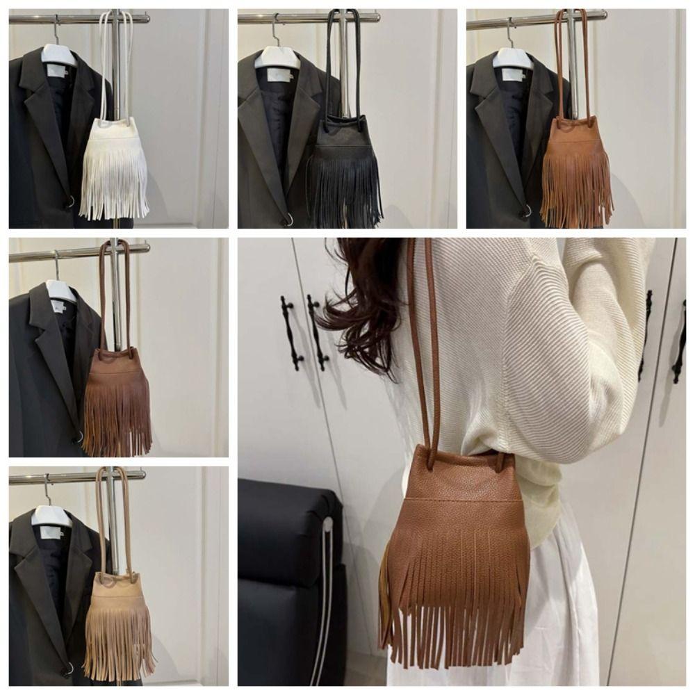 

Large Capacity Tassels Bucket Bag Retro Texture Shoulder Pouch Phone Bag Drawstring PU Bag Storage кавовий