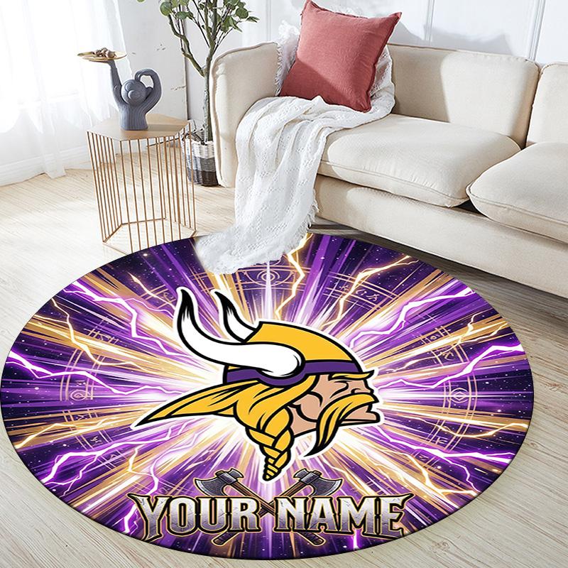 Custom Name Minnesota Vikings2 Round Area Rug,Carpet Rug for Living Room Bedroom Sofa Playroom Decor,Non-slip Floor Mat