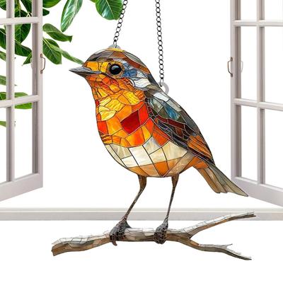 Roodborstje op Tak Zonenvanger Glas-in-lood Effect Hangend Raamornament Ramen Tuin Of Binnenruimtes Acrylplaat