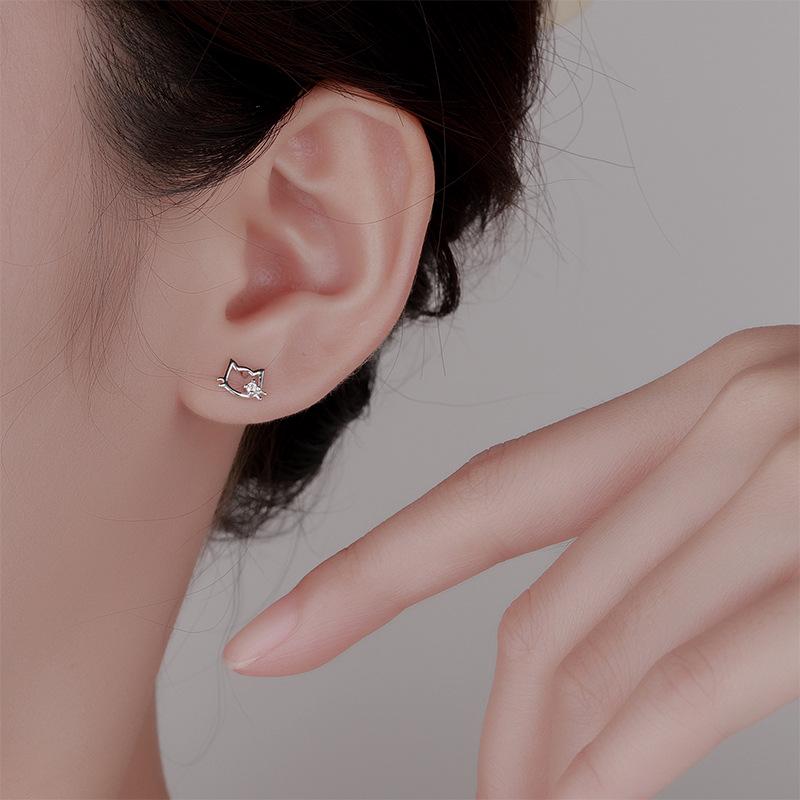 S999 Sterling Silver Zirconia Hollow Cat Stud Earrings for Women - No Need To Remove, Simple & Cute Design