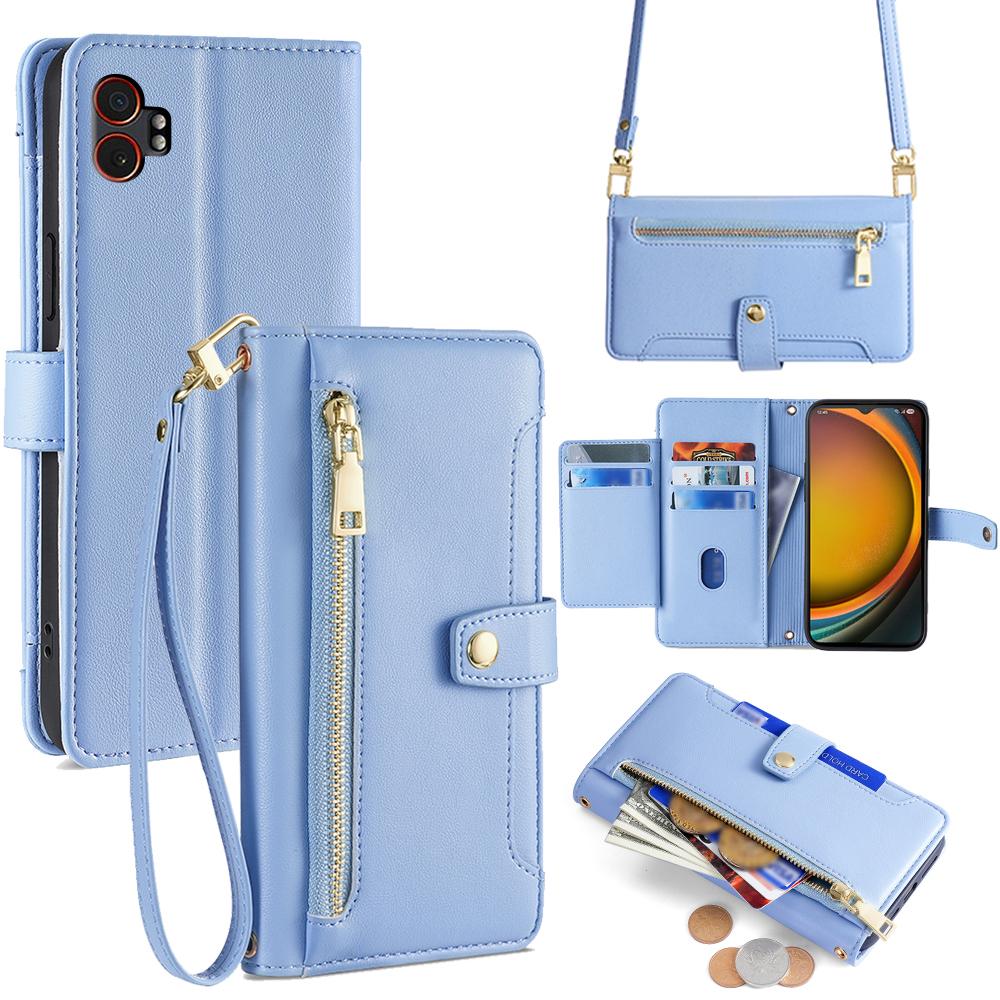 For Samsung Galaxy XCover7 Pro Leather Case Zipper Pocket Wallet Phone Cover with 2 Straps