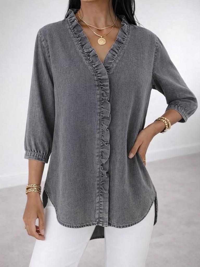 Spring/Summer Women's Casual Faux Denim V-Neck Ruffled Shirt Top