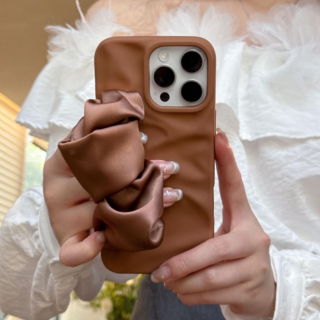 Minimalist Irregular Wrinkle Phone Case with Silk Scarf Wristband for iPhone 11-17 Series, TPU Shockproof Cover with Skin-Friendly Matte Finish