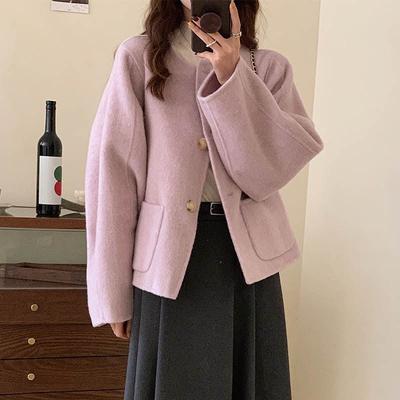 Neuer Herbst- und Winter-Pink-Lila-Studenten-Kurzmantel aus Wolle mit rundem Ausschnitt für Damen