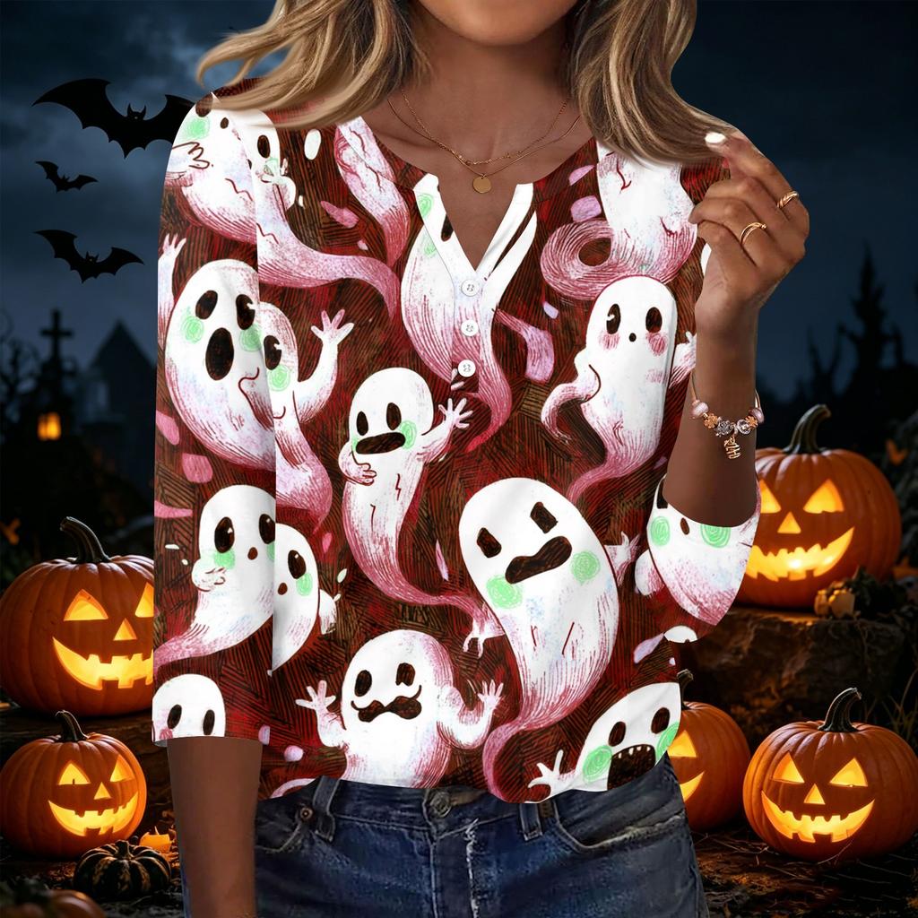 Women's Halloween Printed V Neck Button Front Three Quarter Sleeve Casual Top Lightweight Soft Fabric Comfortable Fit