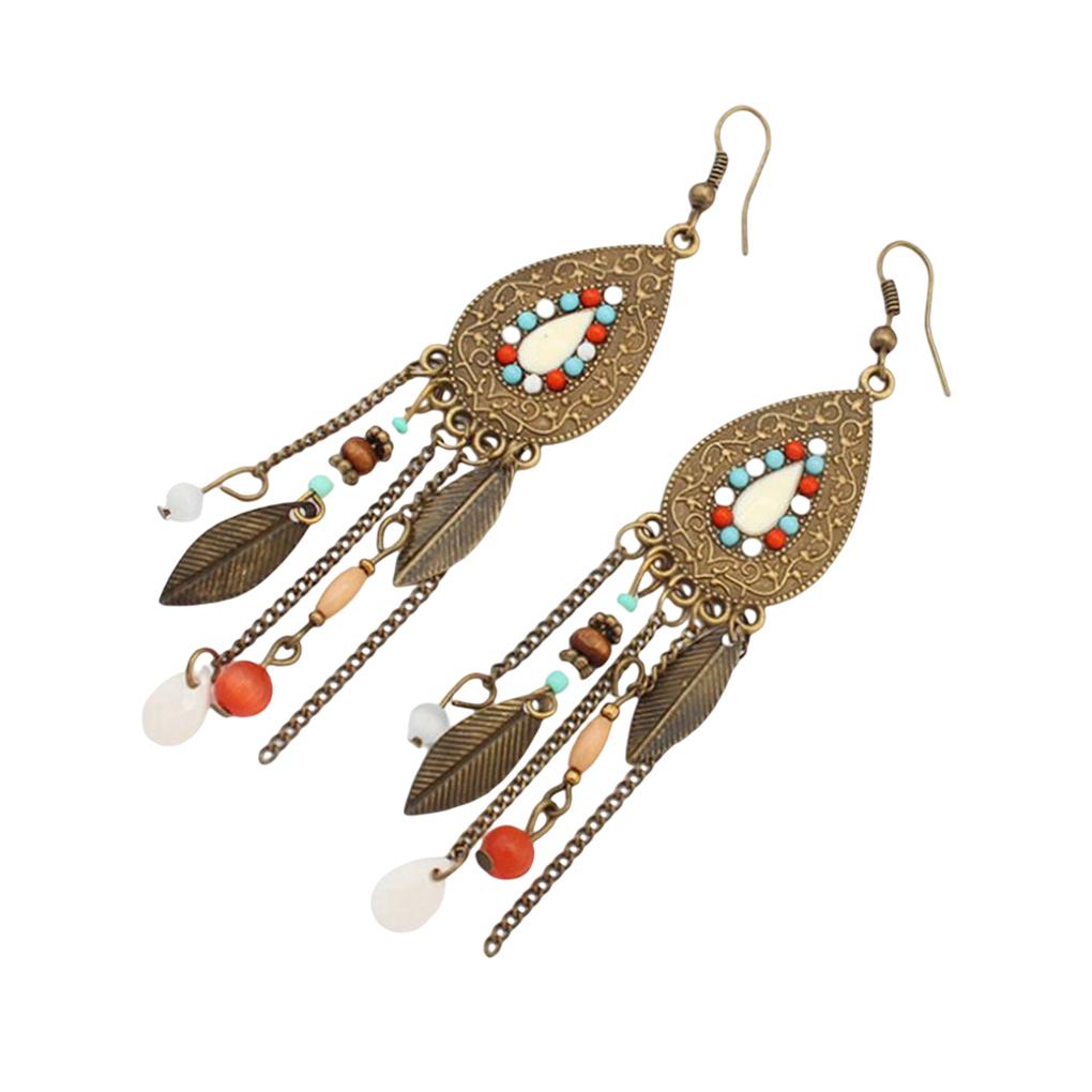 1 Pair Women Girls Oval Leaves Alloy Hook Ear Studs Tassels Beads Long Earrings