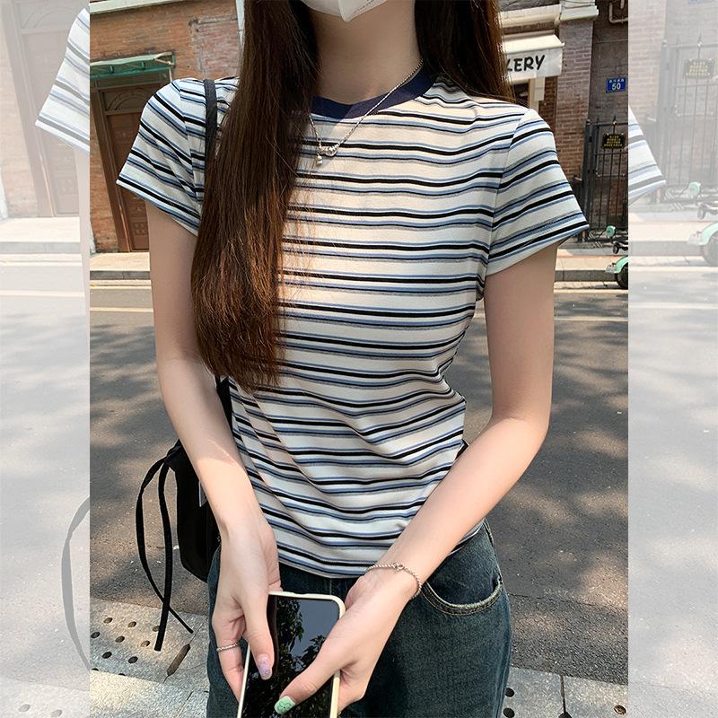 American Retro Striped Front Shoulder Crew Neck Short-sleeved T-shirt Women's Summer New Spice Girl Slim-fit Waist Top