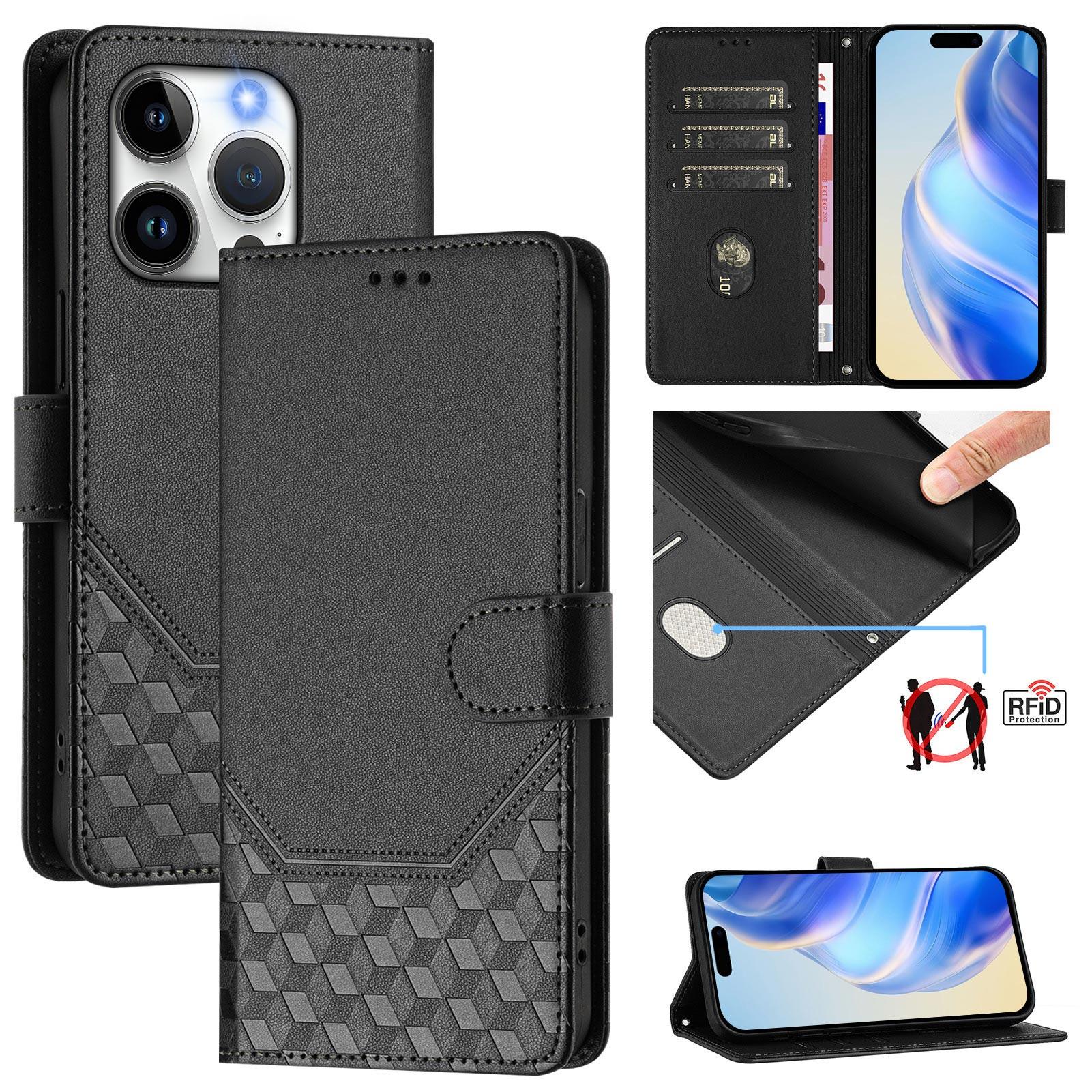 

For iPhone 15 Pro Case Imprinted Honeycomb RFID Blocking Leather Phone Cover with Strap Black