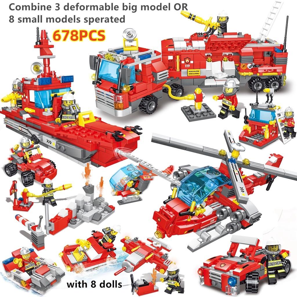 678pcs 8 In 3 City Fire Truck Fighting Building Blocks Set, Warship Deformable Combination Car Model W/8 Fireman Figures Bricks DIY Toys For Children
