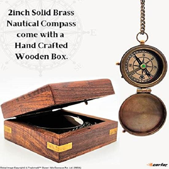 Poem Compass Handmade Solid Brass Navigational  Marine Compass with Wooden Box