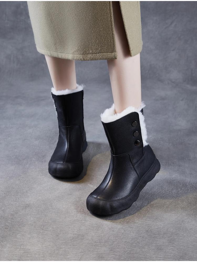 Johnature Genuine Leather Snow Boots Women's Shoes Plush Warm Versatile Soft Soled Mid-calf Boots