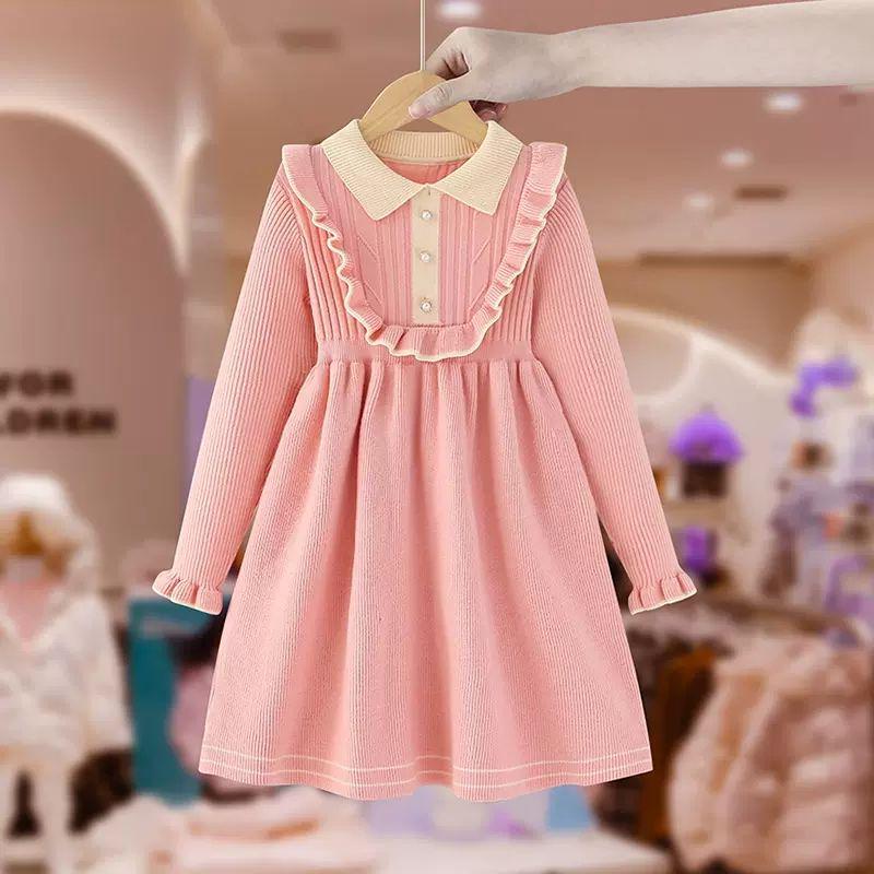 

Вязаное платье с длинными рукавами и лацканами для девочек – модный стиль колледжа на осень/зиму 120 cm розовый