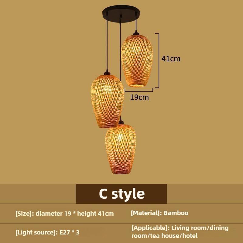 Bedroom Living Room Lantern Chandelier Stairs Retro Rattan Three-Head Hanging Light Bamboo Weaving Combination Creative Lamp