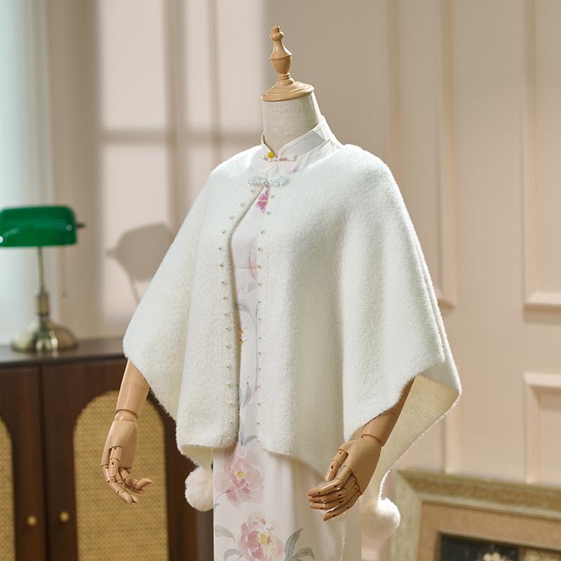 Elegant Cheongsam Shawl: Versatile Spring & Autumn Faux Mink Velvet Cape with Pearl Edging. Perfect for Daily Wear.