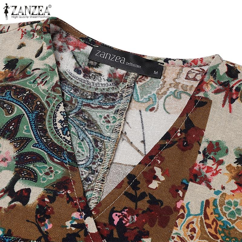 ZANZEA Women Summer Print Casual V-Neck Loose 3/4 Sleeve Long Dress