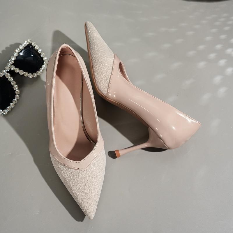 Fashion Banquet Stiletto Single Fall New Pointed Toe Shallow Mouth Lace Paneled Slip-on Anti-Slip Wear-Resistant High Heels