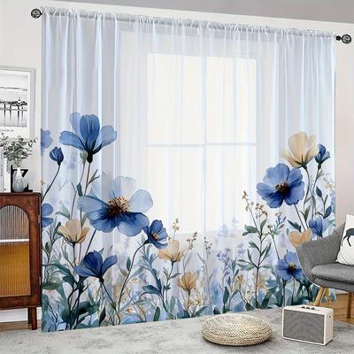 2 Stück HD Digital Blau Blumen Gedruckt Fenstergitter Heimdeko Stil Dekoration Wohnzimmer Fenstervorhang
