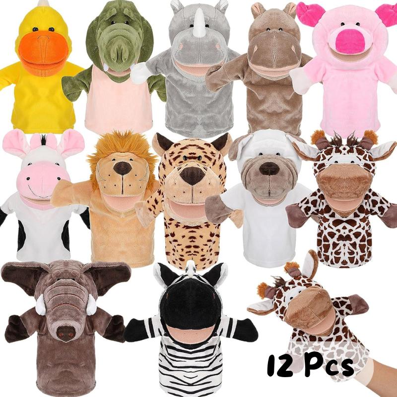 4-12Pcs Animal Hand Puppets Stuffed Plush Animals with Working Mouth for Party Favors Birthday Gifts Storytelling Theater 25cm