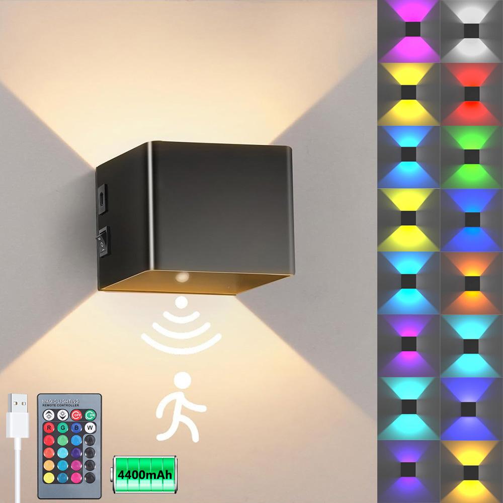 LED Wall Sconce Remote Control Dimmable RGB Lamp Up Down Wall Mount Lights Rechargeable Battery Cordless Light Home Decor