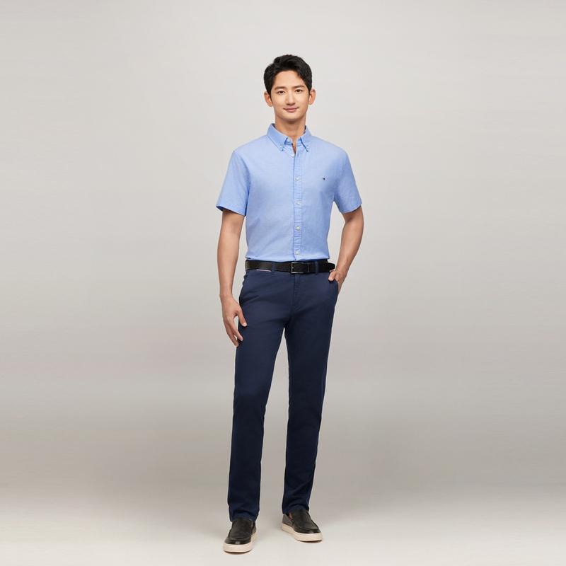 Tommy Hilfiger Stretch Oxford Simple Business Casual Short Sleeve Shirt Men shirts Blue C8178J3903430