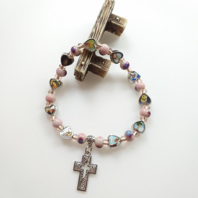 Cross Pendant Strand Bracelets Elastic Bead Bangles Women Jewelry Gift Beaded Bracelets Pendant Bracelets for Girl Women