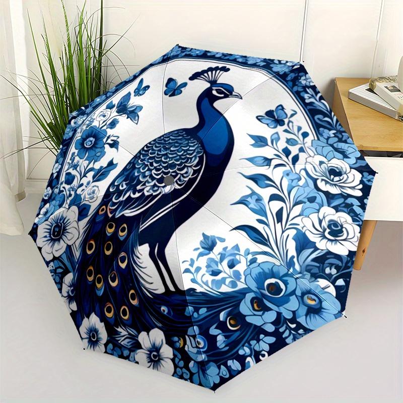 

Women s Elegant Blue & White Peacock Floral Automatic Umbrella with Turquoise Peacock Feather Design - Lightweight Compact 8-R Iron&8K