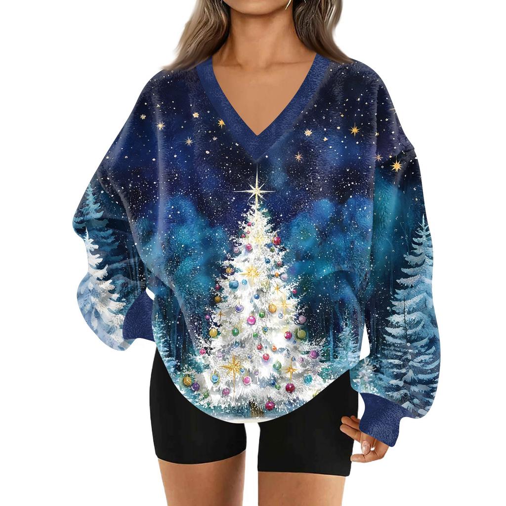 Damenmode Lässig Langarm Weihnachten Bedruckt V-Ausschnitt Oberteil Sweatshirt
