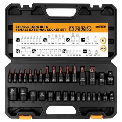 31pcs Torx & Star Socket Set Chrome Vanadium Steel S2 Alloy Bits E-Torx & T-Square High Torque Rust & Stain Resistant Painted Finish