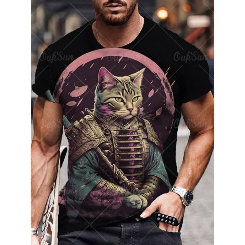 Japan Style Men's T-shirts 3D Samurai Cat Theme Print Short Sleeve T Shirts Fashion Men Women Crew Neck Tops Summer Clothing