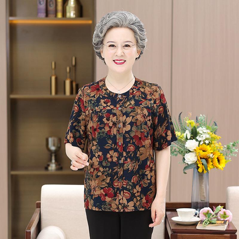 Elderly Women s Pure Cotton Short-Sleeve Summer Shirt L (recommended 40-50 kg)