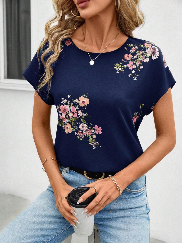 Summer Round Neck 3D Print Flower Pattern Top Fashionable Casual Short Sleeved Women's T-shirts