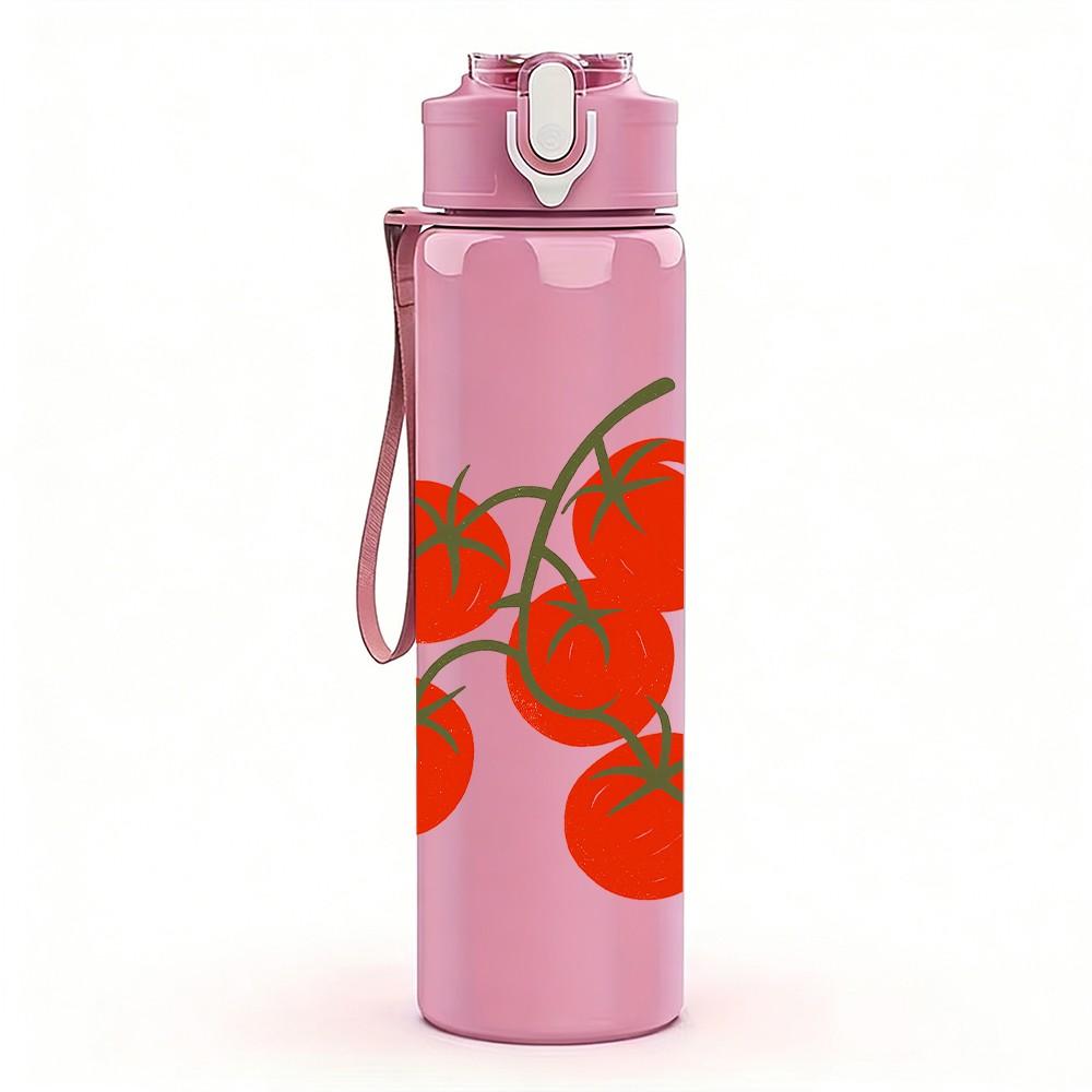 1PC Cluster Red Tomato Fruit Print 750ml Color Plastic Sports Water Bottle Leakproof Flip Straw Lid For Sports Office Home Use