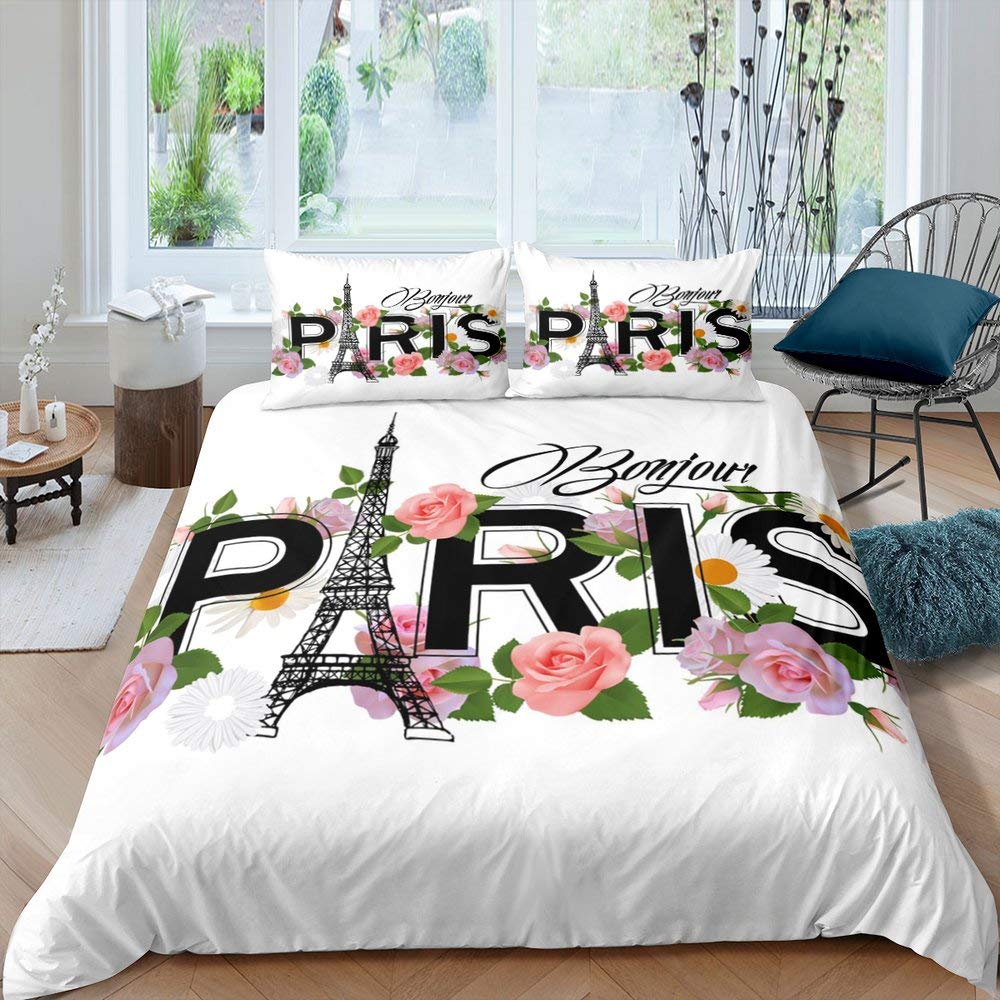 Eiffel Tower Duvet Cover Set King Size Love Heart Bedding Set Paris City Polyester Building Set for Girls France Urban Style