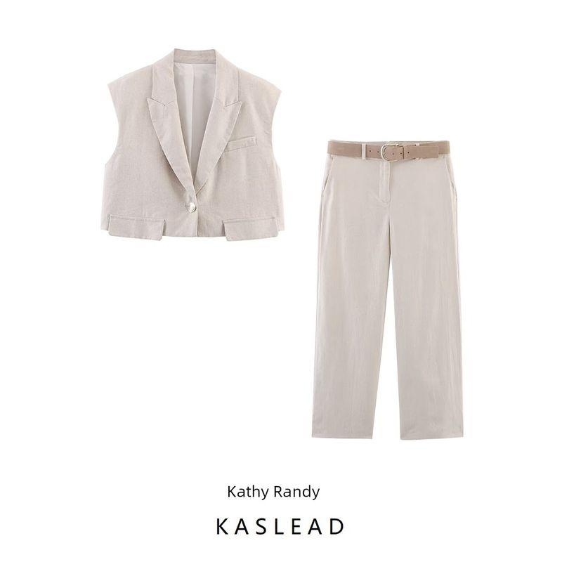 Kaslead New Women clothes Western Style Blended Lapel Sleeveless Vest Trousers 2406998 3584998