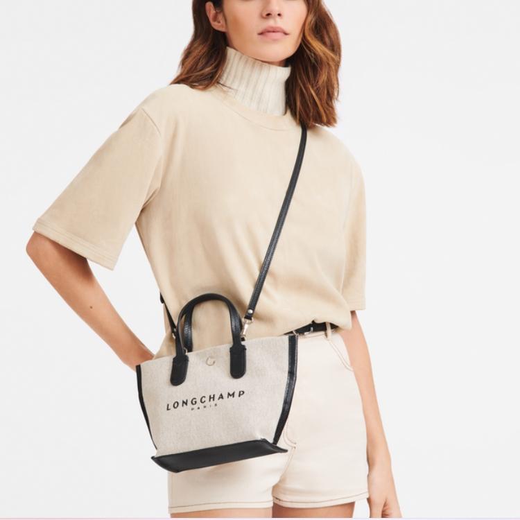 Longchamp Essential Logo Print Snap Closure Cotton Canvas Tote Bag Women Tote Bags Beige Black 10259HSG037