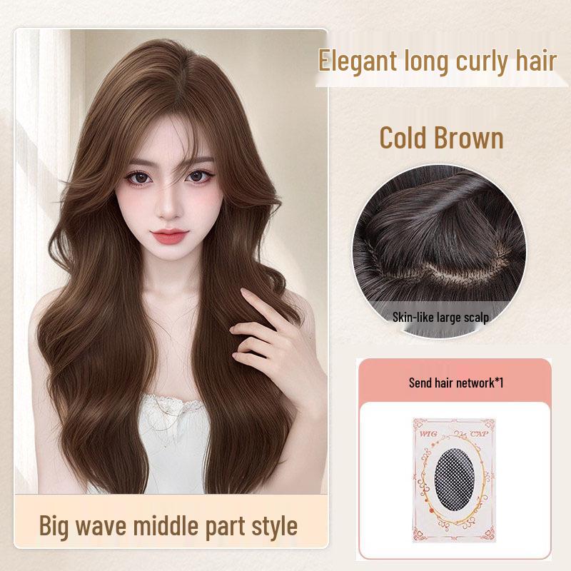 Women's Natural Long Full Cap Wig with Realistic Large Waves and Seamless Middle Part Bangs